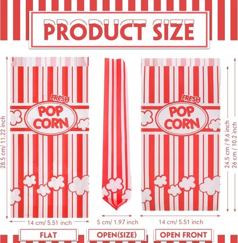 Miniatura 2 de Potchen 300 bolsas de papel de palomitas de maíz, desechables, resistentes a la grasa, a rayas, contenedor de palomitas de maíz para noche, cine
