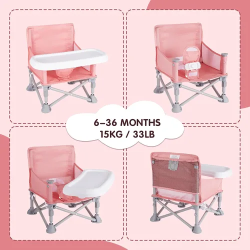 Miniatura 7 de Silla de bebé portátil, asiento elevador plegable con bandeja para mesa de comedor, silla de camping compacta para césped, playa, viajes, bebés de 6