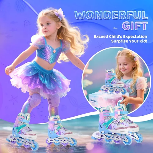 Miniatura 5 de NEMONE Patines en línea estilo sirena, patines ajustables en 4 tallas para niñas y niños con ruedas iluminadas, para principiantes, uso en A- Sirena