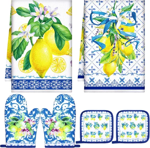 Miniatura 9 de Bencailor 6 piezas de toallas de cocina de granja, guantes de horno y soportes para ollas, paños decorativos para cocina, té, antideslizantes, blanco