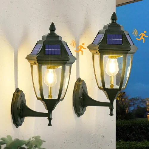Paquete de 2 luces solares para porche, luces solares con sensor de movimiento para exteriores, luces de pared solares de aluminio para exteriores,
