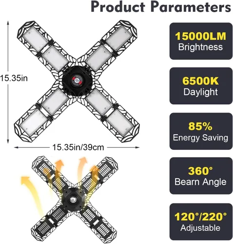Paquete de 2 luces LED de garaje, lámpara de trabajo de techo E26/E27 con rosca superbrillante, 200 W, 20000 lúmenes, deformable para sótano, con 8