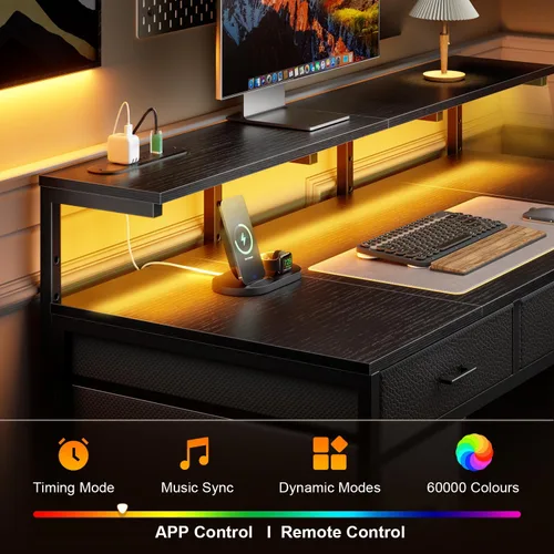 Miniatura 4 de HLDIRECT Escritorio de computadora de 47 pulgadas con 8 cajones de almacenamiento, escritorio para juegos con luces LED y tomas de corriente USB