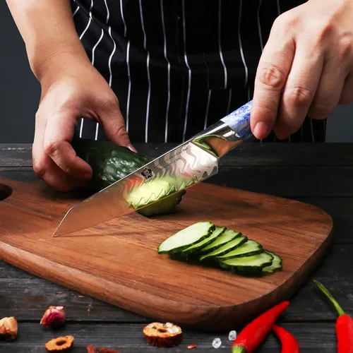 Miniatura 5 de WILDMOK Cuchillo utilitario de 5 pulgadas, cuchillos de frutas de cocina ultra afilados, cuchillo pelador de acero de aleación de 7 capas con mango