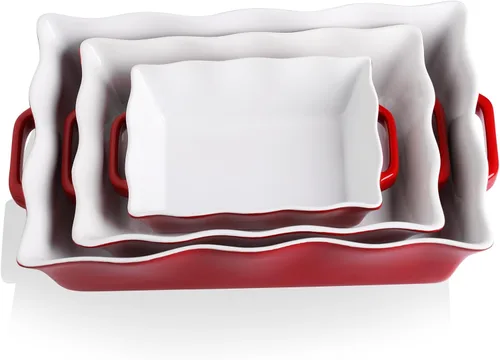 Sweejar - Platos de cacerola para horno, juego de 3 utensilios de cerámica, molde rectangular de hornear con asas, molde para lasaña de borde rojo