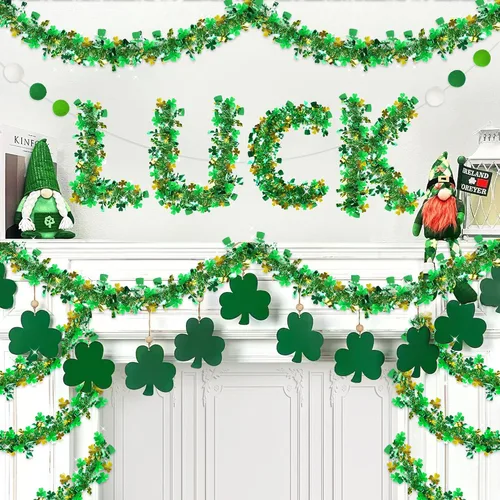 Miniatura 4 de Guirnalda decorativa de 33 pies para el día de San Patricio, guirnalda de oropel con sombrero de trébol verde dorado, guirnalda metálica brillante
