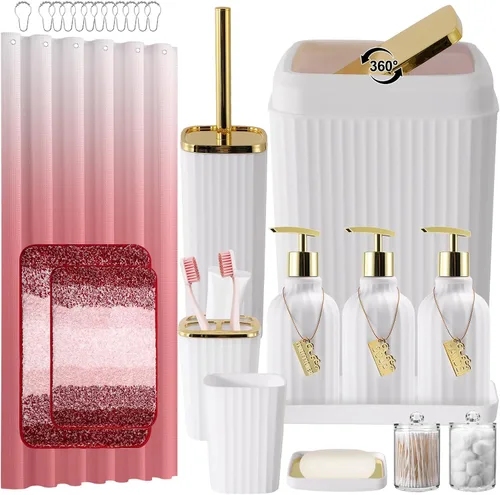 Miniatura 26 de 21PCS Bathroom Sets with Shower Curtain and Rugs Bathroom Accessories Set Beige Bathroom Set Complete with Trash Can, Toilet Brush, Qtip Holder &