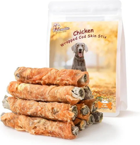Pawmate Dog Treats - Palitos de piel de bacalao envueltos en pollo, saludables y con alto contenido de proteínas, Omega3 Bacalao, masticables para