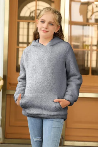 Miniatura 5 de Haloumoning - Sudadera con capucha de vellón mullido y bolsillos, sudadera holgada y casual para niñas de 4 a 15 años