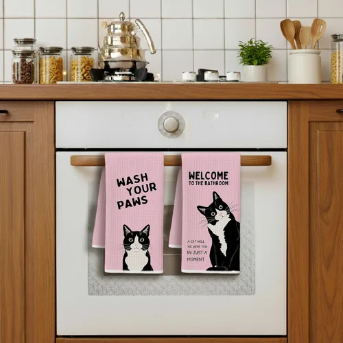 Miniatura 5 de Divertidas toallas de mano de baño con esmoquin rosa, decoración de baño para gato, toallas de mano de gatito blanco y negro para baño, 16 x 24