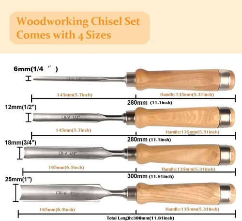 Miniatura 2 de ATOPLEE Juego de cinceles de madera para carpintería, 4 piezas Herramienta profesional de tallado de madera Herramienta de carpintero CR-V de acero
