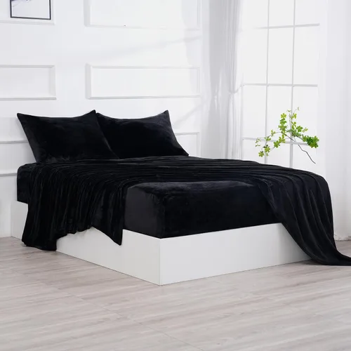 Juego de sábanas de microforro polar, tamaño individual, color negro, sábanas de felpa de terciopelo ultrasuave con bolsillos profundos, sin