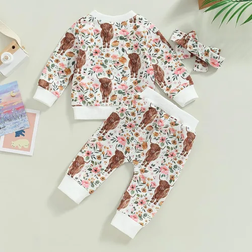 Miniatura 55 de Mandizy Conjunto de ropa de bebé niña otoño 3 6 9 12 18 24 meses sudadera de manga larga y pantalones con estampado floral y diadema