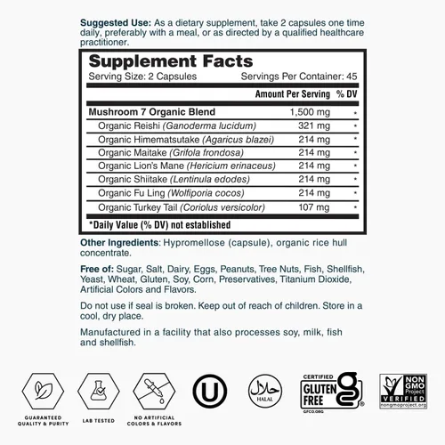 Miniatura 6 de Nature's Lab Seta 7 – Contiene 7 hongos orgánicos incluyendo melena de león, reishi y cola de pavo – 90 cápsulas (suministro de 1.5 meses)