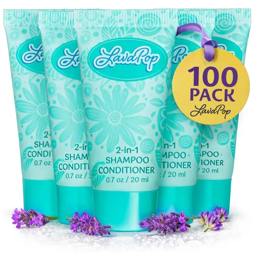 LavaPop - Champú y acondicionador 2 en 1 tamaño de viaje - Iris, violeta y ámbar, 0.7 onzas líquidas, paquete de 100 - Champú acondicionador