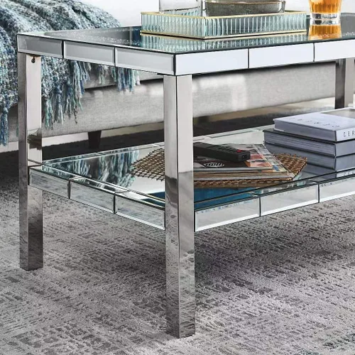 Miniatura 6 de LUMISOL Mesa de centro con espejo plateado con diseño de cristal, mesa central rectangular de vidrio de 2 capas con patas de acero inoxidable, mesa