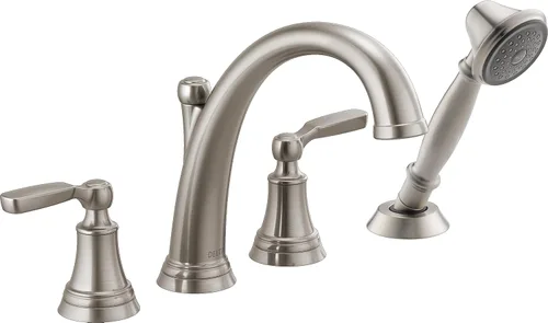 Delta Woodhurst juego de llaves para tina romana con ducha de mano, llave de bañera de montaje en cubierta níquel cepillado, acero inoxidable