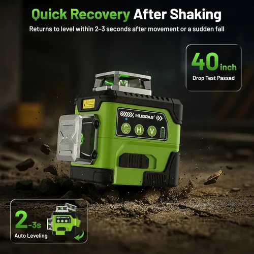 Miniatura 8 de Huepar Nivel láser con pantalla de ángulo digital, 3 x 360° autonivelante de alto brillo, 12 líneas cruzadas verdes láser para construcción y colgar