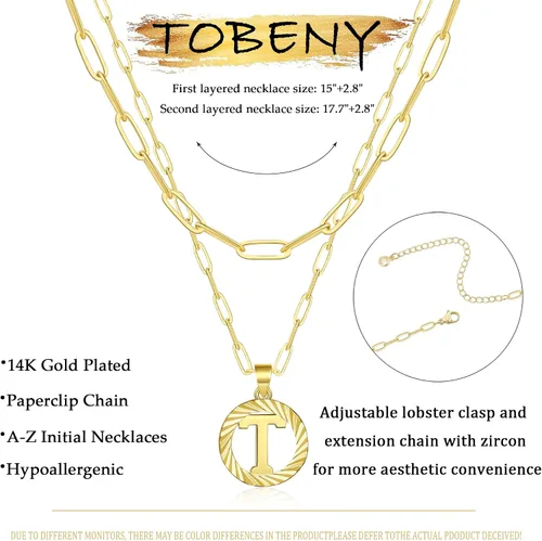Miniatura 5 de TOBENY Collares con inicial de oro para mujeres y niñas, chapado en oro de 14 quilates, delicado collar de cadena de clip en capas, colgante