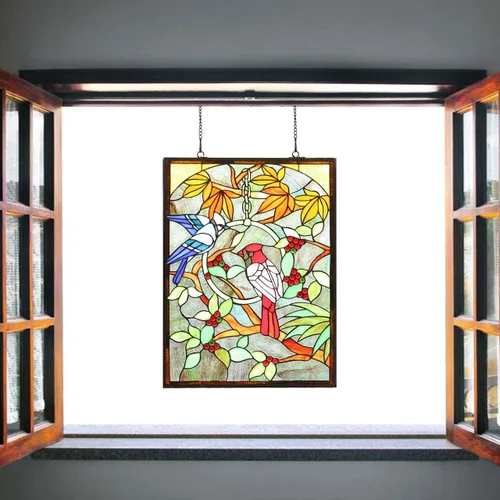 Miniatura 3 de BIeye W10052 Blue Jay and Cardinal on Branches Tiffany Style - Panel de vitral con cadena, forma rectangular, 18 pulgadas de ancho x 24 pulgadas