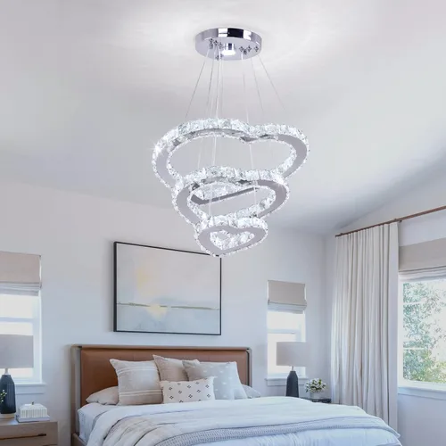 Miniatura 5 de Lámpara de araña moderna de cristal de corazón de 3 anillos con iluminación LED colgante de acero inoxidable para sala de estar, comedor y blanco