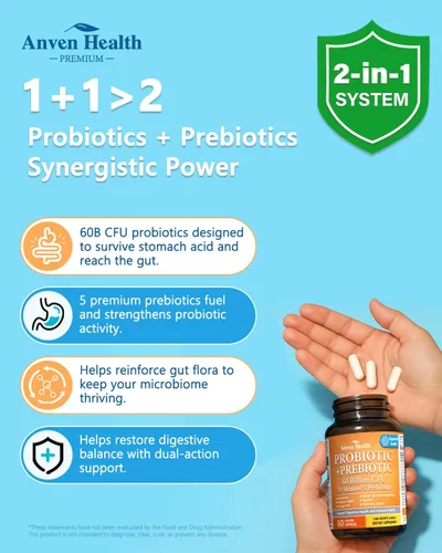 Miniatura 3 de 60 mil millones de probióticos y prebióticos para mujeres y hombres, 19 cepas, 5 prebióticos orgánicos para la salud intestinal digestiva e General