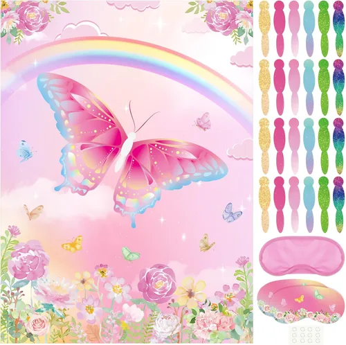 PLULON Juego de Poner la Cola a la Mariposa para Niños, Póster de Juego de Cumpleaños de Mariposa para Niños y Niñas, Regalos de Fiesta de