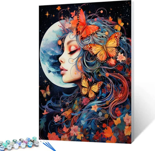 Miniatura 15 de Tucocoo Kit de pintura por números con pinceles y pigmento acrílico sobre lienzo para adultos, estrellas de luna, estilo creativo, proyectos
