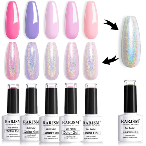 Miniatura 13 de RARJSM Juego de esmaltes de gel holográfico, color verde turquesa, kit de esmalte de uñas de gel con purpurina, colección de verano, 6