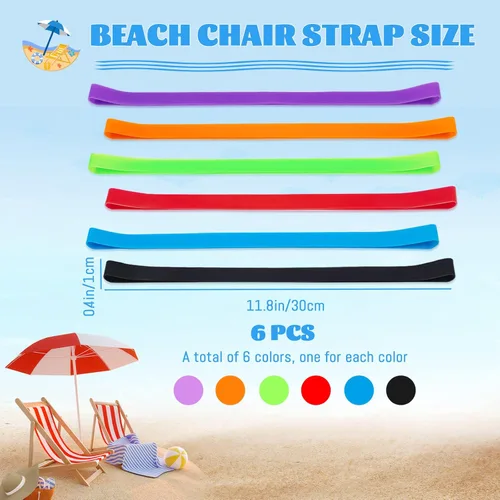 Miniatura 2 de Paquete de 6 bandas de toalla para silla de playa, bandas de goma resistentes al viento para toallas de playa, soporte de silicona elástico colorido