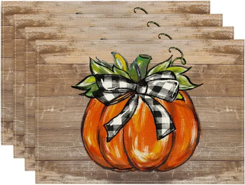 Miniatura 7 de Artoid Mode Juego de 4 manteles individuales de otoño con diseño de calabaza a cuadros de búfalo de 12 x 18 pulgadas para decoración de fiestas