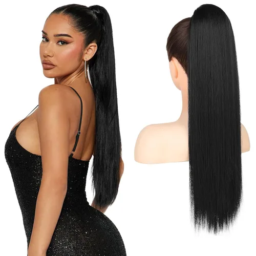 Miniatura 19 de Flufymooz - Extensión de cola de caballo de 26 pulgadas, extensiones de cabello con cordón y clip rectas, cola de caballo falsa natural suave