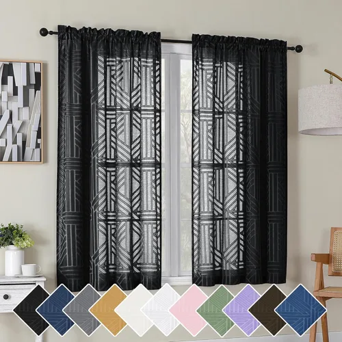 Miniatura 72 de Simplebrand Cortinas traslúcidas negras de cocina de 24 pulgadas de largo, 2 paneles, filtrado de luz, geométrico jacquard con textura, cortinas