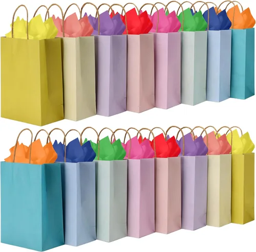 Miniatura 18 de BLEWINDZ 32 Bolsas Pequeñas de Papel para Regalos con Papel de Seda, Bolsas Amarillas para Obsequios de Fiesta con Asas, Bolsa de Golosinas de 8.7