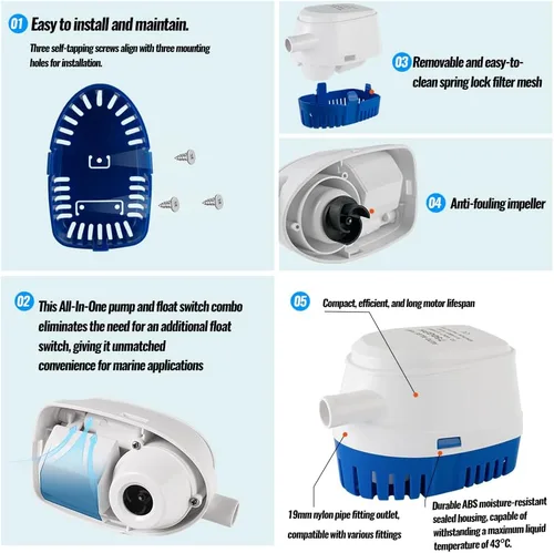 Miniatura 2 de Bomba de sentina marina automática de 12 V 750 GPH con interruptor de flotador integrado, bomba de agua sumergible de encendido/apagado automático