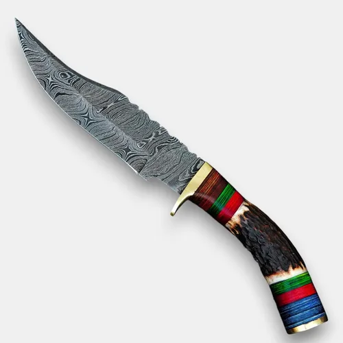 Miniatura 2 de Rait tail Hecho a mano forjado a mano Damasco caza/desollar cuchillo Stag/asta mango con funda