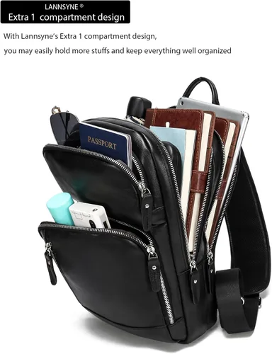Miniatura 2 de LANNSYNE Bolso bandolera de cuero de grano completo para hombre, mochila cruzada en el pecho para iPad de 12.9 pulgadas