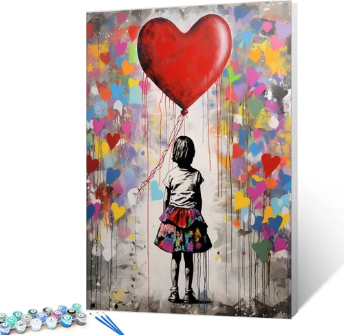 Miniatura 19 de Tucocoo Kits de pintura de globos coloridos por números con pinceles y pigmento acrílico sobre lienzo para adultos, cuadro de calle Banksy Little