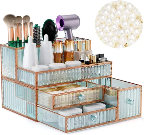 Miniatura 8 de Youdepot Organizador de maquillaje de vidrio templado dorado para cosméticos, cuidado de la piel, herramientas para el cabello, brochas, perfume