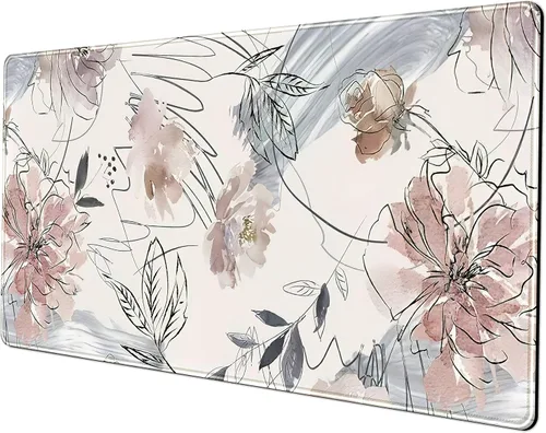 Tapete de escritorio, diseño de flores pintadas a mano con diseño de abstracción (31.5 x 15.75 pulgadas), bonita alfombrilla de mouse grande con