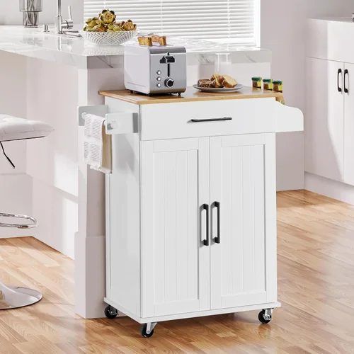 Miniatura 2 de Topeakmart Carrito de isla de cocina con armario de almacenamiento y 1 cajón, carrito de cocina rodante con toallero y estante para especias