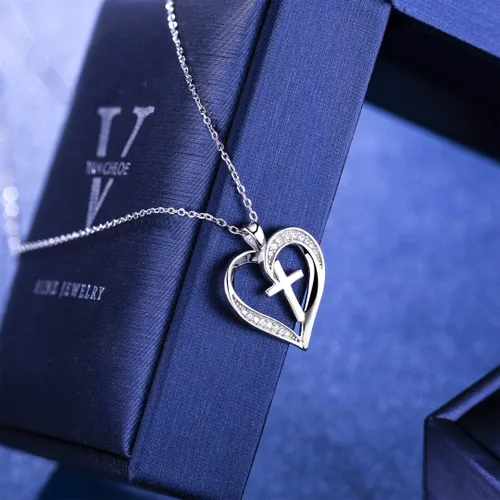Miniatura 6 de MISSLAN Collar de cruz para mujer de plata de ley 925, collar de cruz de corazón para mujer, colgante de cadena para mujer, Plata