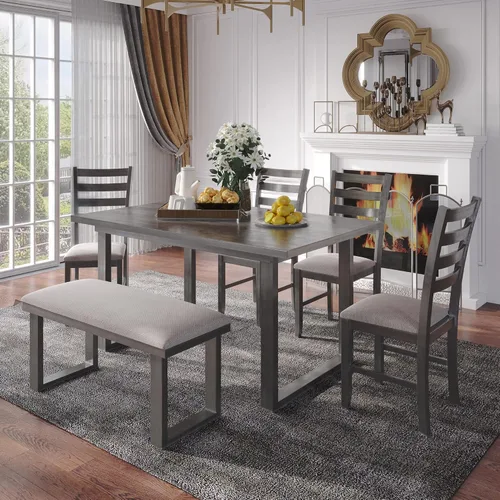 Miniatura 19 de LUMISOL Juego de 6 mesas de comedor de estilo rústico para 6, mesa de cocina de madera maciza de 60 pulgadas con banco y 4 sillas, acabado marrón
