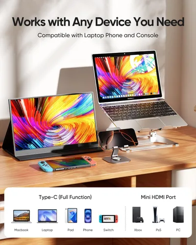 Miniatura 3 de CJkao Monitor portátil de 15.6 pulgadas FHD 1080P USB-C y HDMI pantalla IPS ultradelgada con cubierta inteligente, altavoces duales, HDR, cuidado