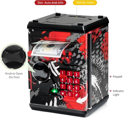 Miniatura 3 de Alcancía de cajero automático para niños y niñas, Vcertcpl - Mini alcancía de monedas con contraseña, caja de ahorro con agarre automático