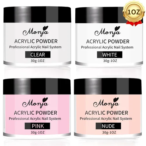 Monja Polvo acrílico – 4 unidades de 1.06 oz de color profesional de uñas acrílicas para extensión de uñas acrílicas, arte de uñas 3D, polvo de