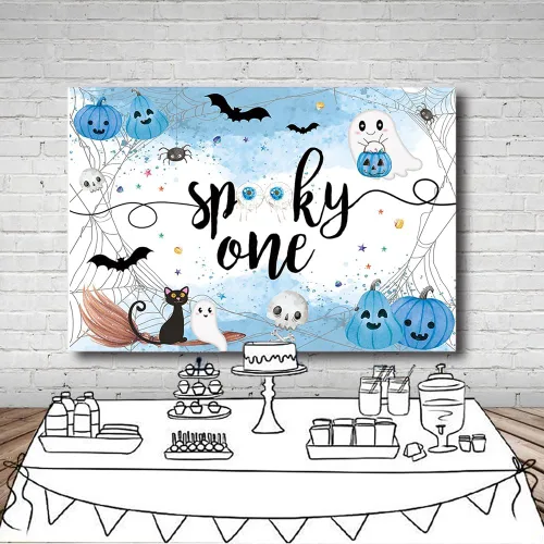 Miniatura 4 de MEHOFOND Fondo espeluznante de Halloween de 7 x 5 pies, fondo azul acuarela Little Boo Baby Shower para niños, telaraña de murciélago, calabaza