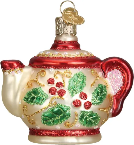 Old World Christmas Adornos: Regalos de café y té Adornos soplados de vidrio para árbol de Navidad, tetera de acebo 3 X 3.25 X 2.25