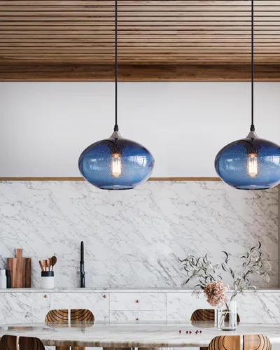 Miniatura 2 de Iluminación Colgante para Isla de Cocina de Cristal Azul Moderno Lámpara Colgante con Burbujas Texturizadas Sobre Fregadero 9.4 Pulgadas de Diámetro