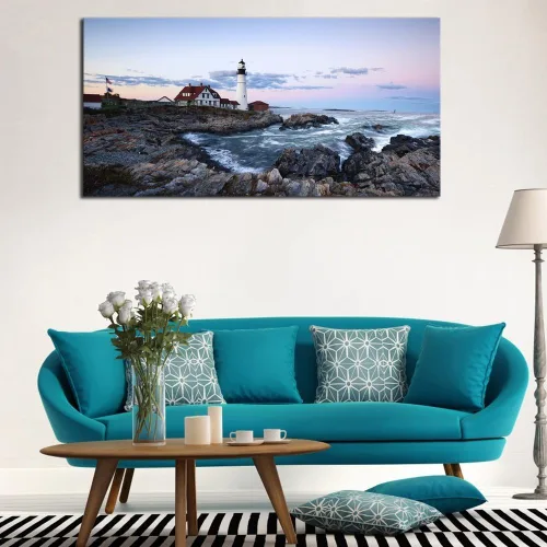 Miniatura 4 de Wieco Art Portland Lighthouse - Lienzo decorativo para pared, diseño de paisaje marino, puesta de sol, playa, paisaje, pinturas para sala de estar